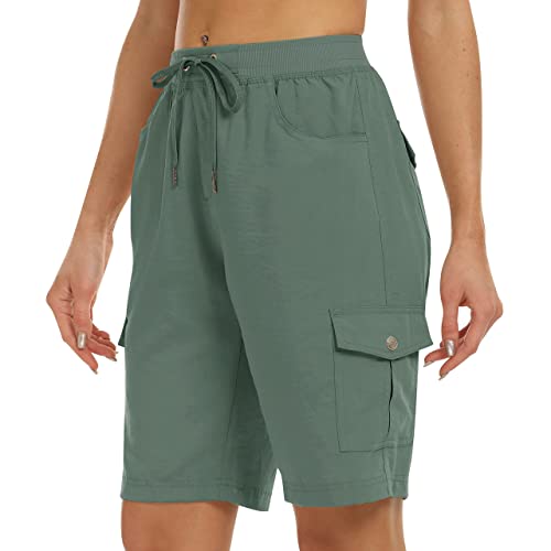 JINSHI Damen Shorts Cargohose Kurze Wanderhose Outdoor Hose Schnelltrocknend Sommer Bermuda Leichte Arbeits Freizeithose mit Mehrfach-Taschen Armeegrün EU 4XL von JINSHI