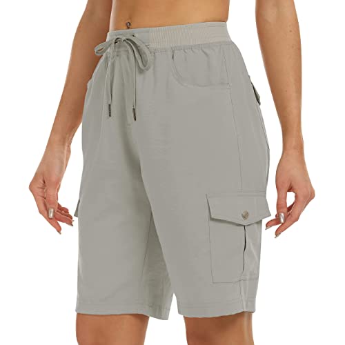 JINSHI Damen Shorts Cargohose Kurze Wanderhose Outdoor Hose Schnelltrocknend Sommer Bermuda Leichte Arbeits Freizeithose mit Mehrfach-Taschen Graukhaki EU 4XL von JINSHI