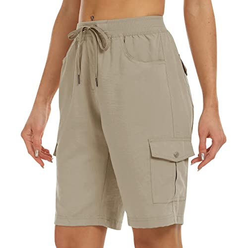 JINSHI Damen Shorts Cargohose Kurze Wanderhose Outdoor Hose Schnelltrocknend Sommer Bermuda Leichte Arbeits Freizeithose mit Mehrfach-Taschen Khaki EU XL von JINSHI