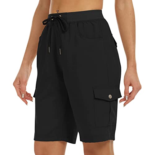 JINSHI Damen Shorts Cargohose Kurze Wanderhose Outdoor Hose Schnelltrocknend Sommer Bermuda Leichte Arbeits Freizeithose mit Mehrfach-Taschen Schwarz EU 4XL von JINSHI