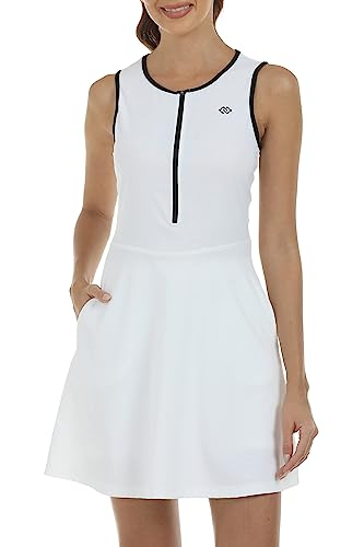 JINSHI Damen Tennis Golf Kleid mit Shorts Schnell-trocken Ärmellos Workout Athletisches Sportkleider mit Taschen Weiß Größe 2XL von JINSHI