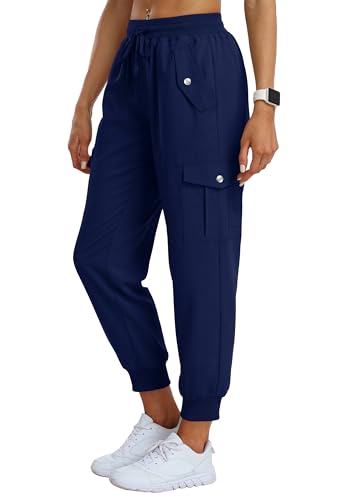 JINSHI Damen Wanderhose Cargohose Leichte Jogginghose Schnell Trocknende Freizeithose Sportliche Hosen Outdoorhose mit Taschen Marineblau Größe S von JINSHI