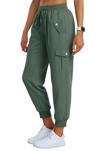 JINSHI Damen Wanderhose Cargohose Leichte Jogginghose Schnell Trocknende Funktionshose Trekkinghose Outdoorhose Cargo-Taschen Armee-grün Größe M von JINSHI