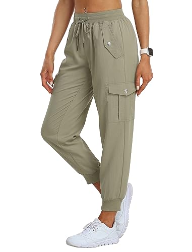 JINSHI Damen Wanderhose Cargohose Leichte Jogginghose Schnell Trocknende Funktionshose Trekkinghose Outdoorhose Cargo-Taschen Graukhaki Größe S von JINSHI