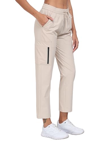 JINSHI Damen wasserdichte Wanderhose Outdoorhose Leichte Cargohose Jogginghose Schnelltrockend Camping Trekkinghose Funktionshose Taschen Khaki Größe US M von JINSHI