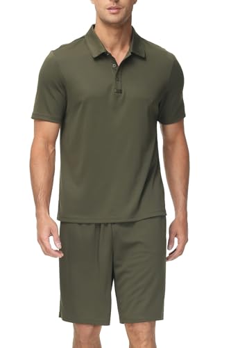 JINSHI Freizeitanzug Sportanzug Herren Trainingsanzug Sommer Jogginganzug 2-Teiliges Outfit Sets Kurzarm Shirts Polokragen mit Brillenhalter und Sport Shorts mit Taschen Grün S von JINSHI