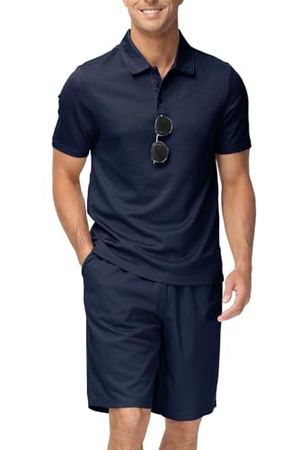 JINSHI Freizeitanzug Sportanzug Herren Trainingsanzug Sommer Jogginganzug 2-Teiliges Outfit Sets Kurzarm Shirts Polokragen mit Brillenhalter und Sport Shorts mit Taschen Marineblau XL von JINSHI