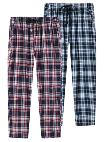 JINSHI Herren 2er Pack Pyjamahose Lang Schlafanzughosen Baumwolle Karierte Weich Nachtwäsche Loungehose Taschen 27LB Größe S von JINSHI