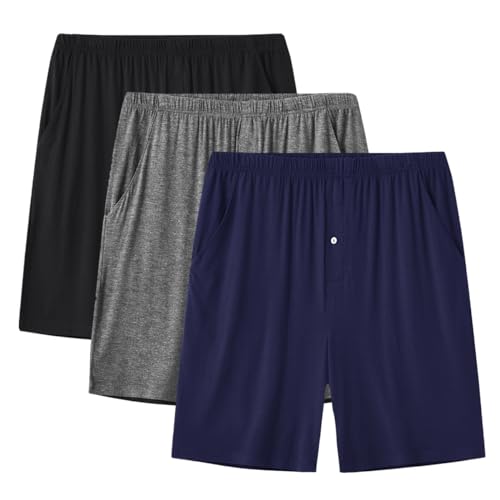 JINSHI Herren Schlafanzughose Pyjamahose Kurze Freizeithose Nachtwäsche Shorts mit Knopfleiste 3er Pack Schwarz+Dunkelgrau+Marineblau XXL von JINSHI