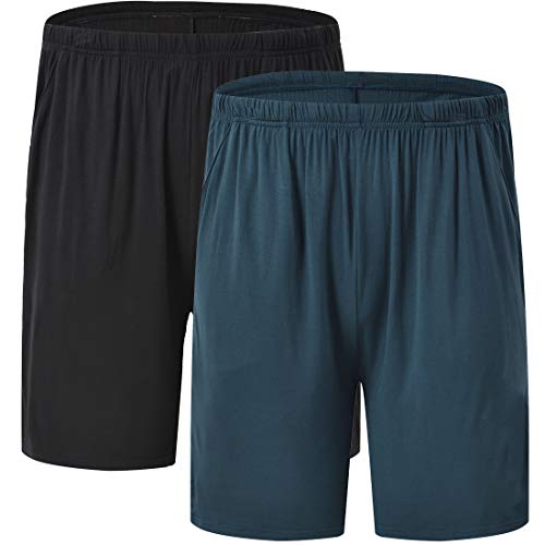 JINSHI Herren Schlafanzughosen Kurz Pyjamahose Sommer Nachtwäsche Weich Freizeit Shorts 2er Pack Schwarz+Blau XXL von JINSHI