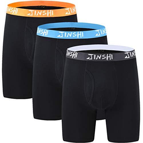 JINSHI Herren Unterhosen Boxershorts Bunt mit Eingriff Übergrößen Lange Bein Retro Pants Bambus Unterwäsche Schwarz 3er Pack XXL von JINSHI