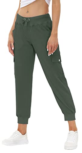 JINSHI Hosen Damen Cargohose Lange Capri Freizeithose Outdoor Jogginghose High Waist mit Kordelzug Armeegrün 4XL von JINSHI