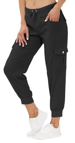 JINSHI Hosen Damen Cargohose Lange Capri Freizeithose Outdoor Jogginghose High Waist mit Kordelzug Dunkelgrau XL von JINSHI
