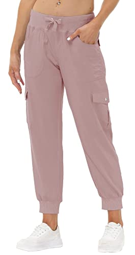 JINSHI Hosen Damen Cargohose Lange Capri Freizeithose Outdoor Jogginghose High Waist mit Kordelzug Dunkelrosa 4XL von JINSHI
