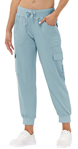 JINSHI Hosen Damen Cargohose Lange Capri Freizeithose Outdoor Jogginghose High Waist mit Kordelzug Graublau XL von JINSHI