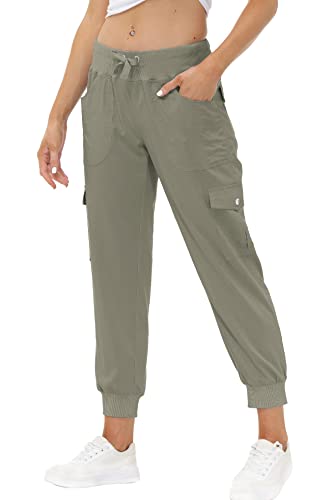 JINSHI Hosen Damen Cargohose Lange Capri Freizeithose Outdoor Jogginghose High Waist mit Kordelzug Graukhaki XS von JINSHI