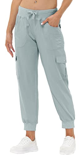 JINSHI Hosen Damen Cargohose Lange Capri Freizeithose Outdoor Jogginghose High Waist mit Kordelzug Hellgrau XXL von JINSHI