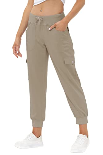 JINSHI Hosen Damen Cargohose Lange Capri Freizeithose Outdoor Jogginghose High Waist mit Kordelzug Khaki L von JINSHI