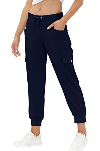 JINSHI Hosen Damen Cargohose Lange Capri Freizeithose Outdoor Jogginghose High Waist mit Kordelzug Marineblau S von JINSHI