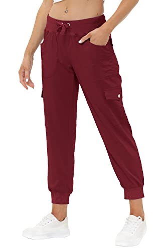 JINSHI Hosen Damen Cargohose Lange Capri Freizeithose Outdoor Jogginghose High Waist mit Kordelzug Rot L von JINSHI
