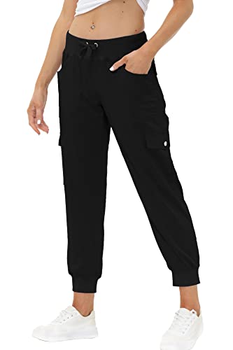 JINSHI Hosen Damen Cargohose Lange Capri Freizeithose Outdoor Jogginghose High Waist mit Kordelzug Schwarz XS von JINSHI