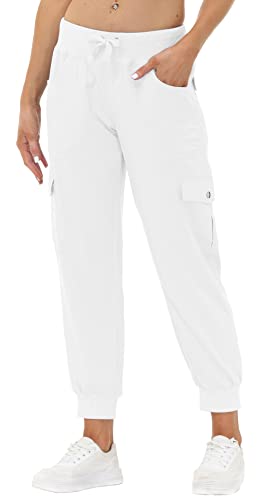 JINSHI Hosen Damen Cargohose Lange Capri Freizeithose Outdoor Jogginghose High Waist mit Kordelzug Weiß M von JINSHI