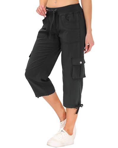 JINSHI Hosen Damen Sommer Cargohose 3/4 Hose Caprihose Freizeithose Wanderhosen Outdoorhose mit Mehrfach-Taschen Dunkelgrau Größe M von JINSHI