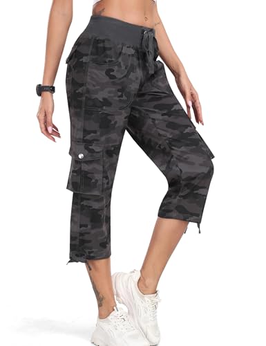 JINSHI Hosen Damen Sommer Cargohose 3/4 Hose Caprihose Freizeithose Wanderhosen Outdoorhose mit Mehrfach-Taschen Tarnfarbe Grau Größe XL von JINSHI