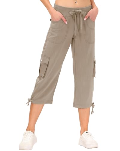 JINSHI Hosen Damen Sommer Cargohose 3/4 Hosen Capri Freizeithose Leicht Jogginghose Wanderhose Outdoorhose mit Cargo Taschen Khaki Größe L von JINSHI