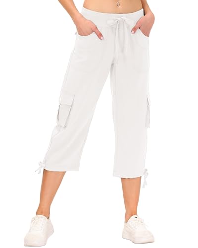 JINSHI Hosen Damen Sommer Cargohose 3/4 Lange Capri Freizeithose mit Mehrfach-Taschen Beige S von JINSHI