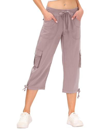JINSHI Hosen Damen Sommer Cargohose 3/4 Lange Capri Freizeithose mit Mehrfach-Taschen Dunkelrosa L von JINSHI