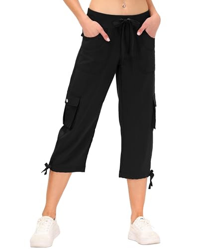 JINSHI Hosen Damen Sommer Cargohose 3/4 Lange Capri Freizeithose mit Mehrfach-Taschen Schwarz XS von JINSHI