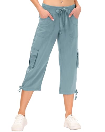 JINSHI Hosen Damen Sommer Cargohose 3/4 Lange Capri Hose Freizeithose Wanderhosen mit Mehrfach-Taschen Blau 3XL von JINSHI