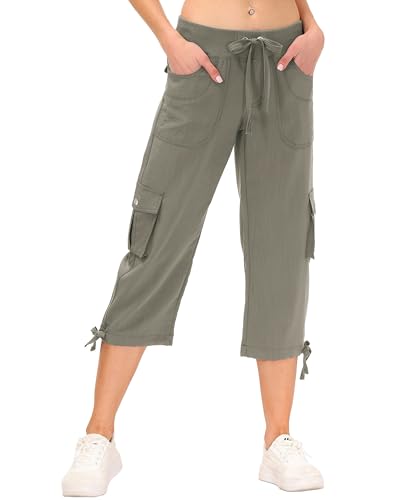 JINSHI Hosen Damen Sommer Cargohose 3/4 Lange Capri Hose Freizeithose Wanderhosen mit Mehrfach-Taschen Graukhaki 3XL von JINSHI