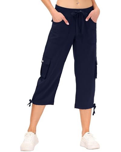 JINSHI Hosen Damen Sommer Cargohose 3/4 Lange Hosen Capri Freizeithose Leicht Jogginghose Wanderhose Outdoorhose mit Cargo Taschen Marineblau XS von JINSHI