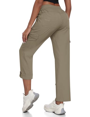 JINSHI Hosen Damen Sommer Cargohose Aufrollen Cabrio 3/4 Hose Caprihose Freizeithose Schnelltrocken Jogginghose Wanderhose Outdoorhose mit Taschen Grau-Khaki Größe US XS/EU S von JINSHI