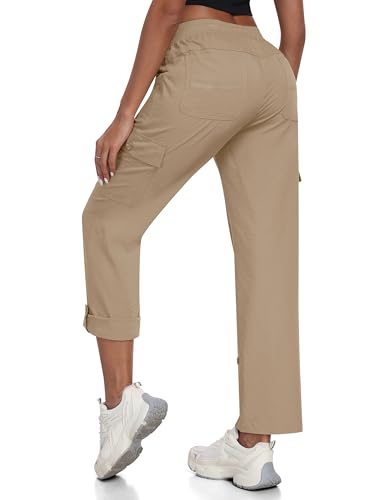 JINSHI Hosen Damen Sommer Cargohose Aufrollen Cabrio 3/4 Hose Caprihose Freizeithose Schnelltrocken Jogginghose Wanderhose Outdoorhose mit Taschen Khaki Größe US XS/EU S von JINSHI