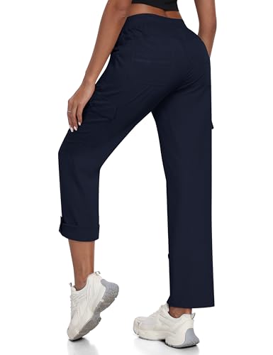 JINSHI Hosen Damen Sommer Cargohose Aufrollen Cabrio 3/4 Hose Caprihose Freizeithose Schnelltrocken Jogginghose Wanderhose Outdoorhose mit Taschen Marineblau Größe US L/EU XL von JINSHI