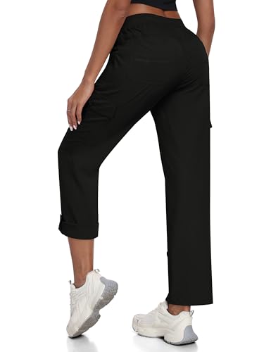 JINSHI Hosen Damen Sommer Cargohose Aufrollen Cabrio 3/4 Hose Caprihose Freizeithose Schnelltrocken Jogginghose Wanderhose Outdoorhose mit Taschen Schwarz Größe US 2XL/ EU 3XL von JINSHI
