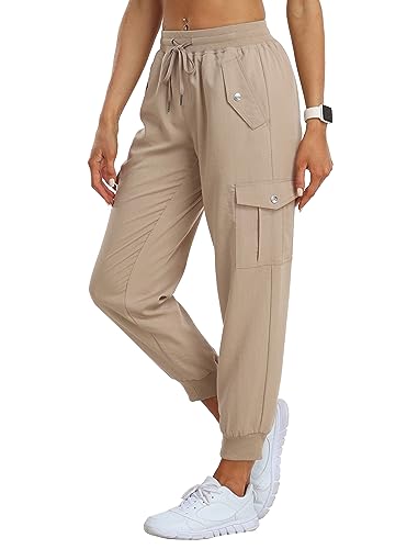 JINSHI Hosen Damen Sommer Cargohose Wanderhose Leichte Jogginghose Funktionshose Trekkinghose Outdoorhose mit Taschen Khaki Größe L von JINSHI