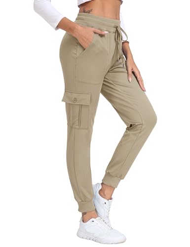 JINSHI Jogginghose Damen Cargo Warme Microfleece Lauf Trainingshose Winter Sweatpants Hohe Taille Freizeit Outdoorhose mit Großen Taschen Khaki XL von JINSHI