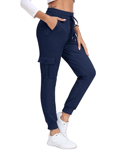 JINSHI Jogginghose Damen Cargo Warme Microfleece Lauf Trainingshose Winter Sweatpants Hohe Taille Freizeit Outdoorhose mit Großen Taschen Marineblau XS von JINSHI