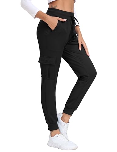 JINSHI Jogginghose Damen Cargo Warme Microfleece Lauf Trainingshose Winter Sweatpants Hohe Taille Freizeit Outdoorhose mit Großen Taschen Schwarz L von JINSHI