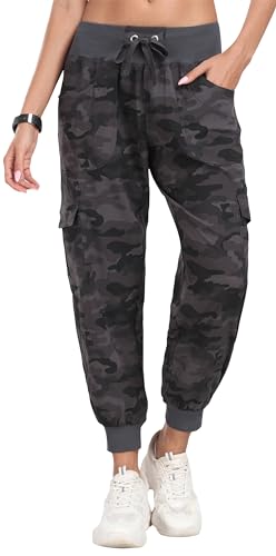 JINSHI Outdoorhose Damen Tarnhosen Cargohose Lange Trekkinghose Leichte Wanderhose Freizeithose Jogginghose mit Mehrfach-Taschen Camo Grau S von JINSHI