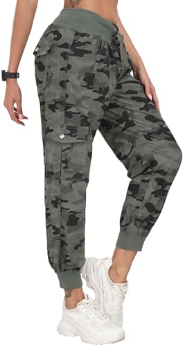 JINSHI Outdoorhose Damen Tarnhosen Cargohose Lange Trekkinghose Leichte Wanderhose Freizeithose Jogginghose mit Mehrfach-Taschen Camo Grün L von JINSHI