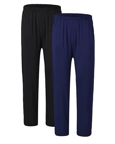 JINSHI Pyjamahose Lang HerrenNachtwäsche Winter Schlafanzughose Elasthan Loungewear Freizeithose Schwarz+Marineblau 2 Pack 52-54(US L) von JINSHI