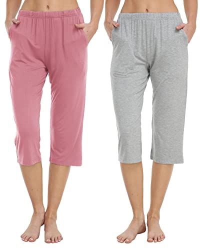 JINSHI Pyjamahose Schlafanzughose 3/4 Lang Damen Stretch Freizeithose Bequeme Leichte Lounge Hosen Sommerhose Hellgrau & Rosa Größe 2XL von JINSHI
