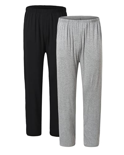JINSHI Schlafanzughose Herren Hose Lang Weich Pyjamahose Loungewear Nachtwäsche Freizeithose Schwarz+Hellgrau 2 Pack 52-54(US L) von JINSHI