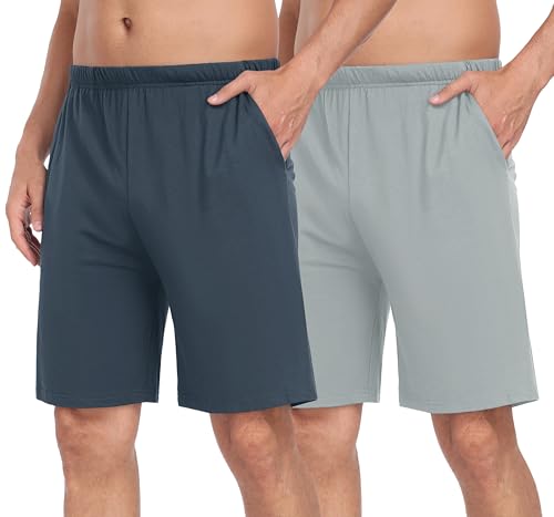 JINSHI Schlafanzughose Herren Kurz Pyjamhose Schlafshorts Baumwolle Kurze Schlafhose Lounge-hose Nachthose Kurz Freizeithose mit Taschen Graublau&Seeblau Größe M von JINSHI