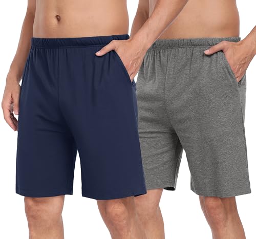 JINSHI Schlafanzughose Herren Kurz Pyjamhose Schlafshorts Baumwolle Kurze Schlafhose Lounge-hose Nachthose Kurz Freizeithose mit Taschen Marineblau&Dunkelgrau Größe 2XL von JINSHI